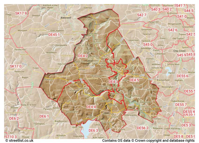 map showing postcode sectors within the DE4 district