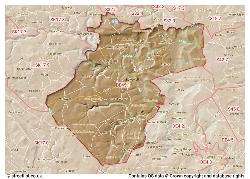 map showing postcode sectors within the DE45 district