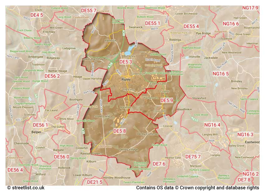 map showing postcode sectors within the DE5 district