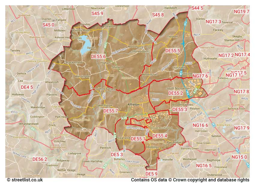 map showing postcode sectors within the DE55 district