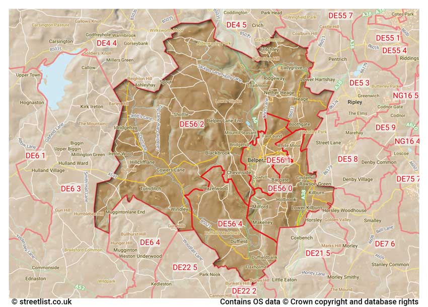 map showing postcode sectors within the DE56 district