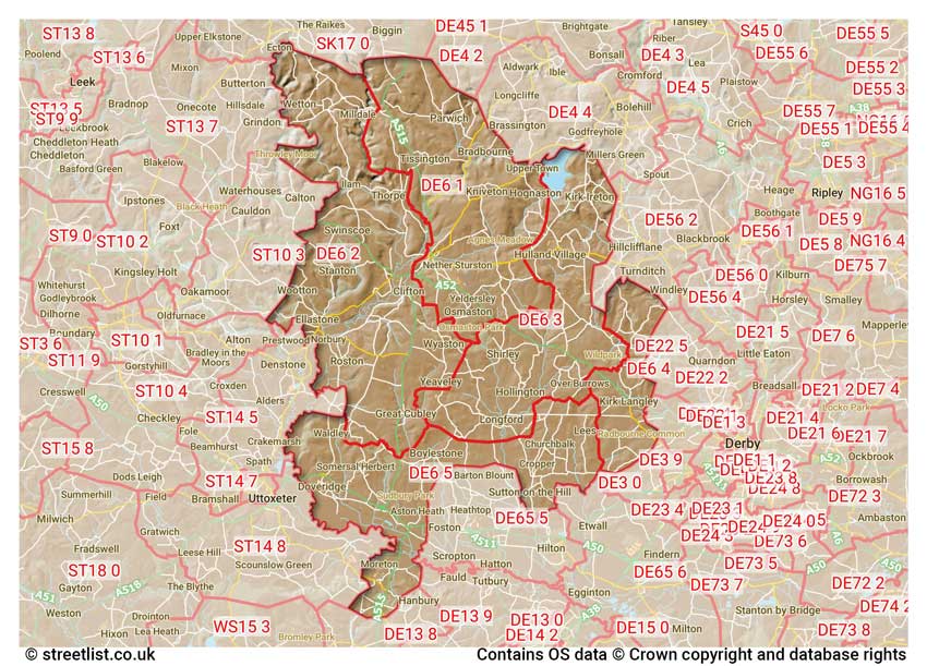 map showing postcode sectors within the DE6 district