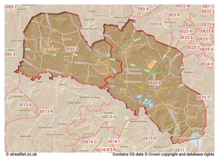 map showing postcode sectors within the DE65 district