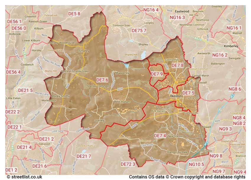 map showing postcode sectors within the DE7 district