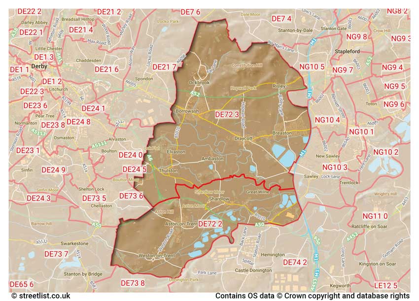 map showing postcode sectors within the DE72 district