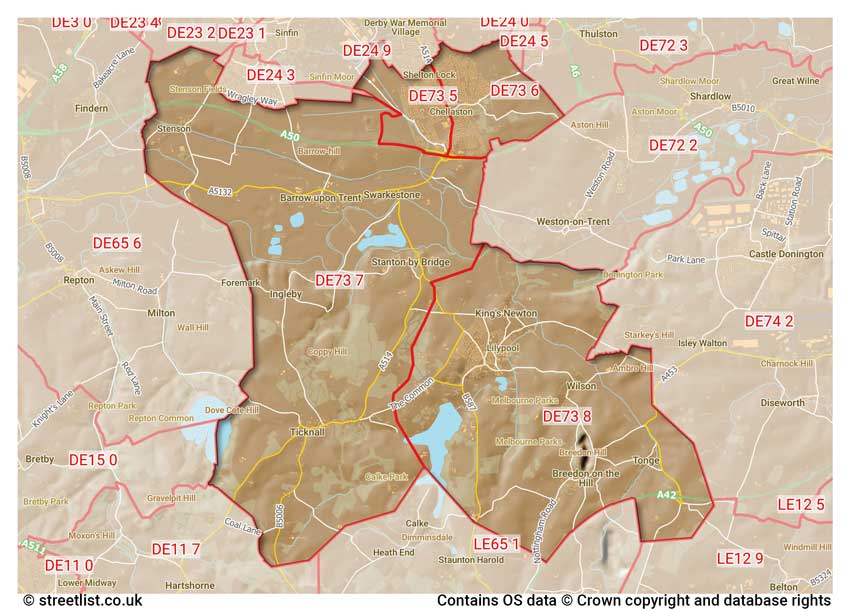 map showing postcode sectors within the DE73 district