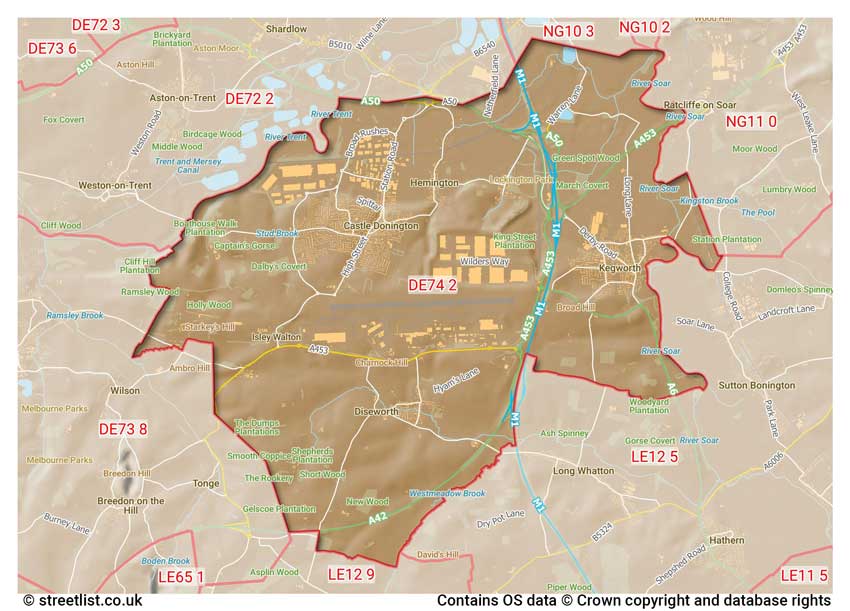 map showing postcode sectors within the DE74 district