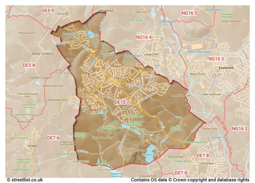 map showing postcode sectors within the DE75 district