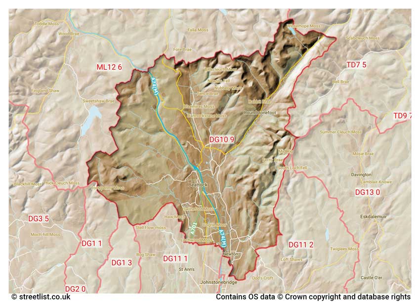 map showing postcode sectors within the DG10 district