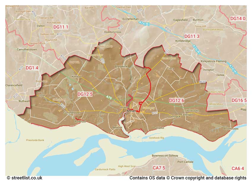 map showing postcode sectors within the DG12 district