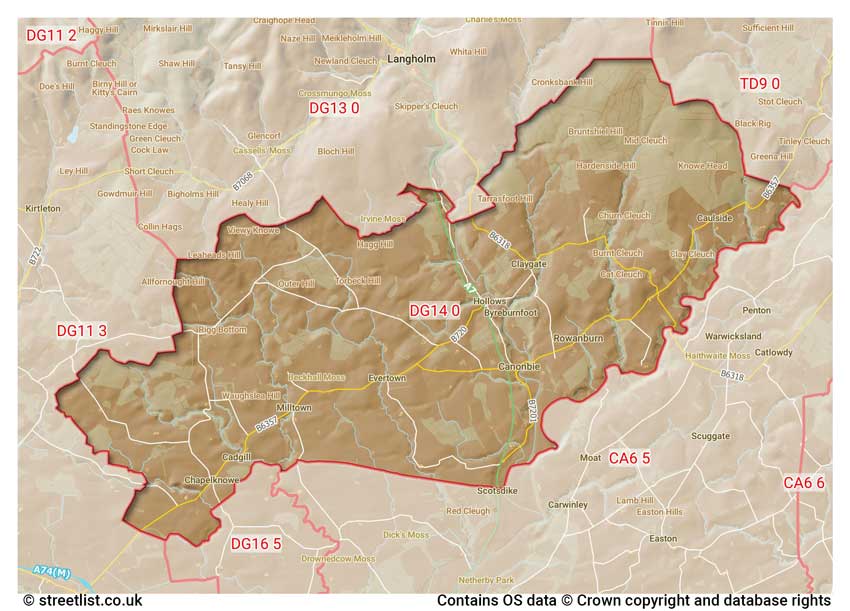 map showing postcode sectors within the DG14 district