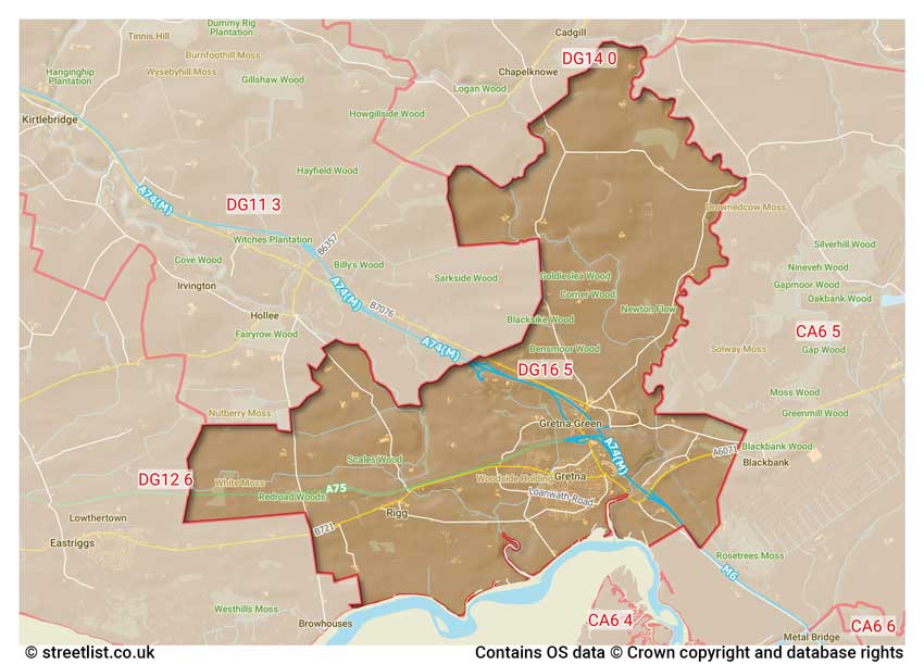 map showing postcode sectors within the DG16 district