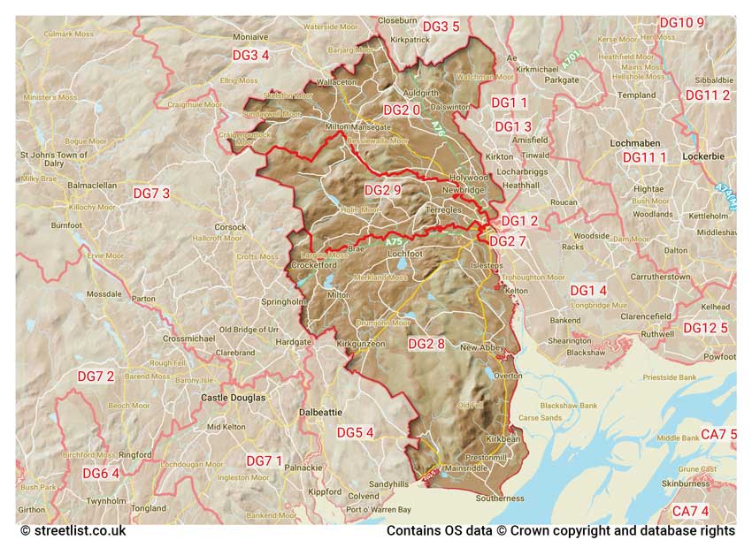 map showing postcode sectors within the DG2 district