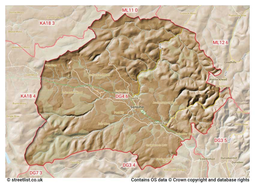 map showing postcode sectors within the DG4 district