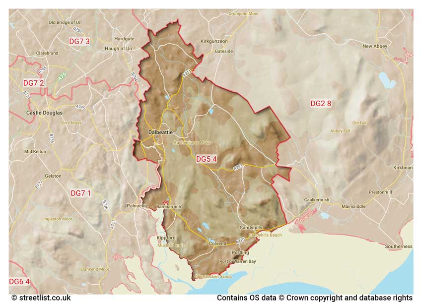 map showing postcode sectors within the DG5 district