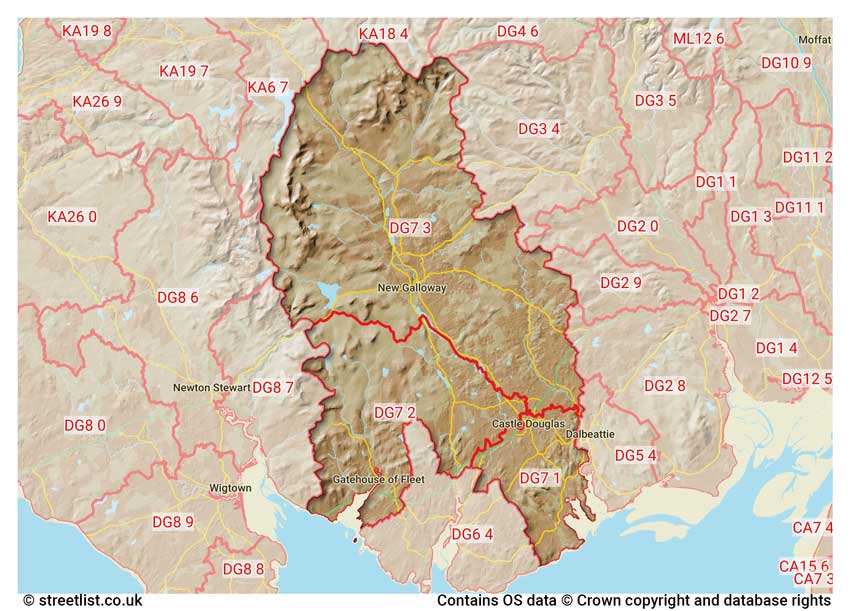 map showing postcode sectors within the DG7 district