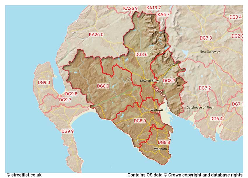 map showing postcode sectors within the DG8 district