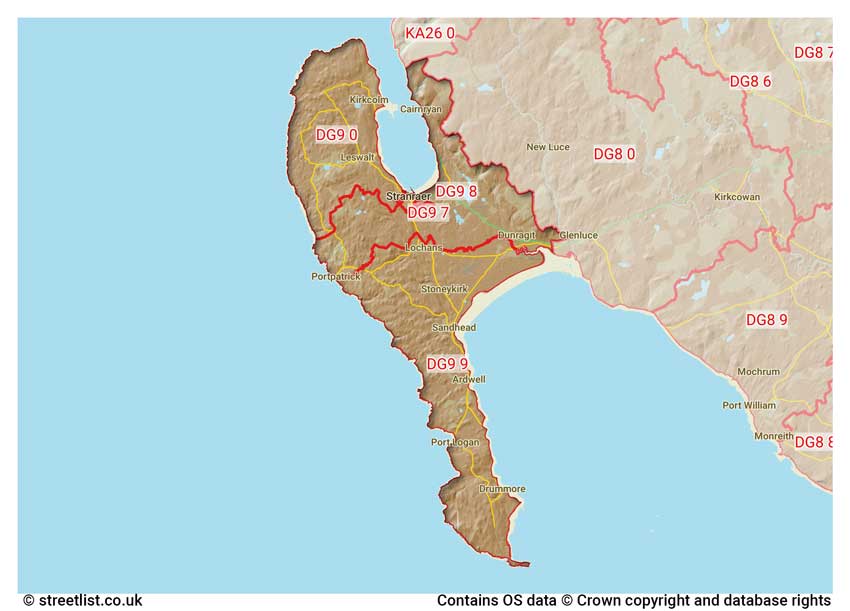 map showing postcode sectors within the DG9 district