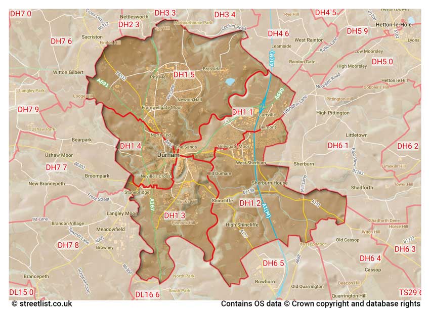 map showing postcode sectors within the DH1 district