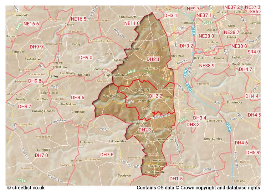 map showing postcode sectors within the DH2 district