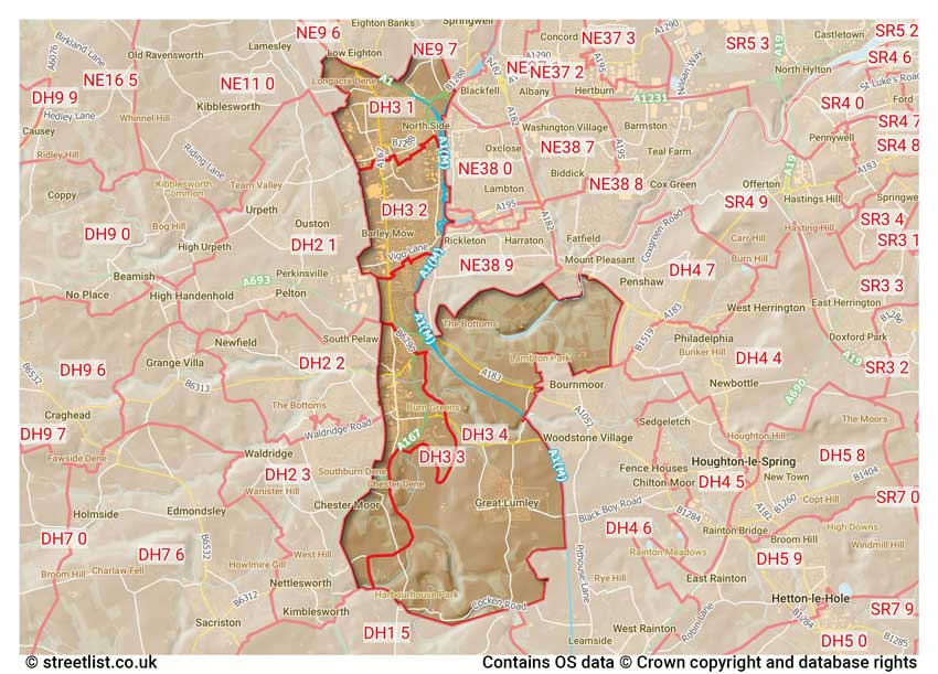 map showing postcode sectors within the DH3 district