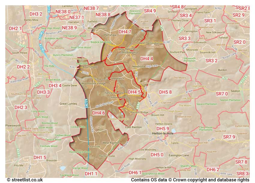 map showing postcode sectors within the DH4 district