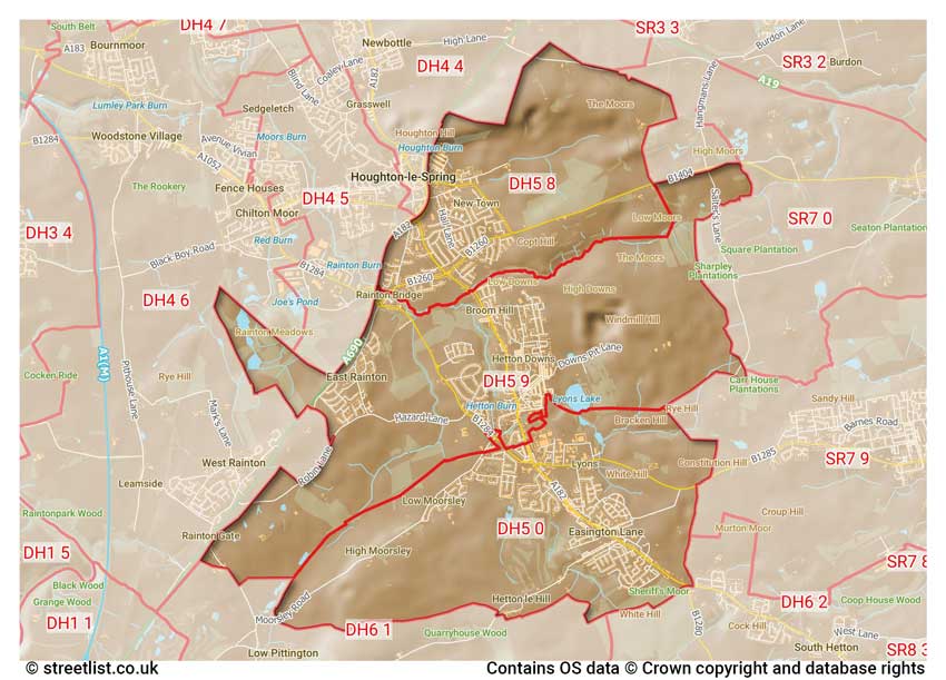 map showing postcode sectors within the DH5 district