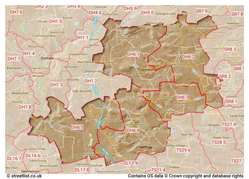 map showing postcode sectors within the DH6 district