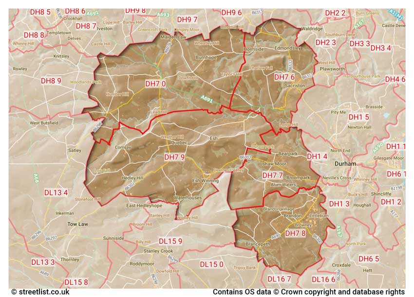 map showing postcode sectors within the DH7 district