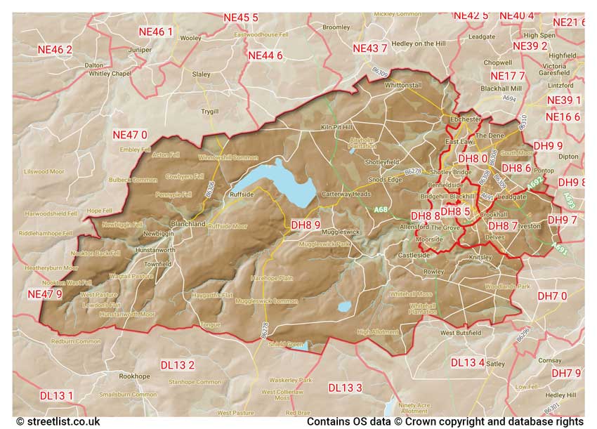 map showing postcode sectors within the DH8 district