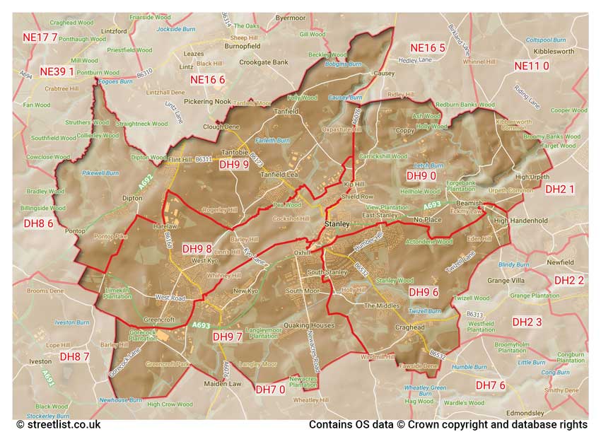 map showing postcode sectors within the DH9 district