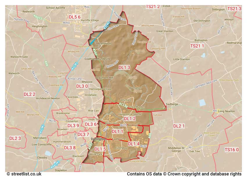 map showing postcode sectors within the DL1 district