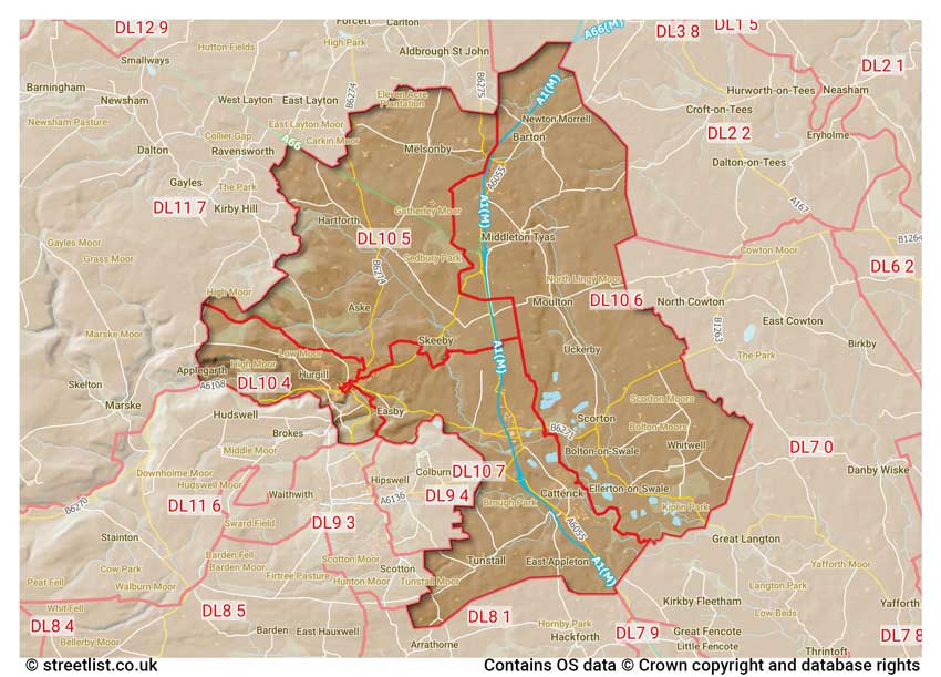 map showing postcode sectors within the DL10 district