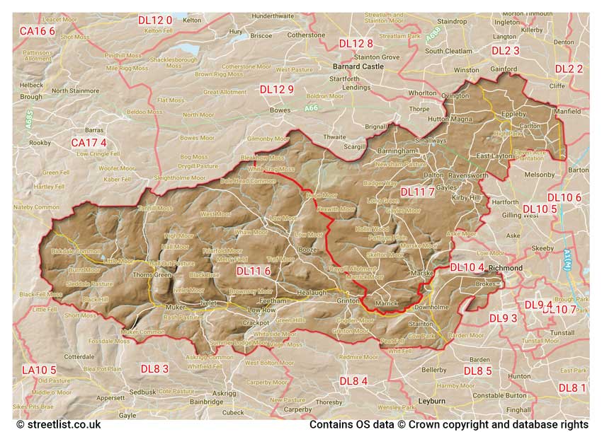 map showing postcode sectors within the DL11 district