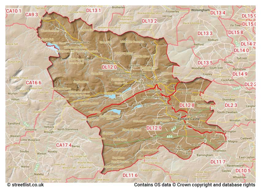 map showing postcode sectors within the DL12 district