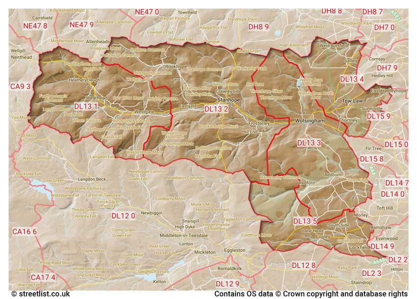 map showing postcode sectors within the DL13 district