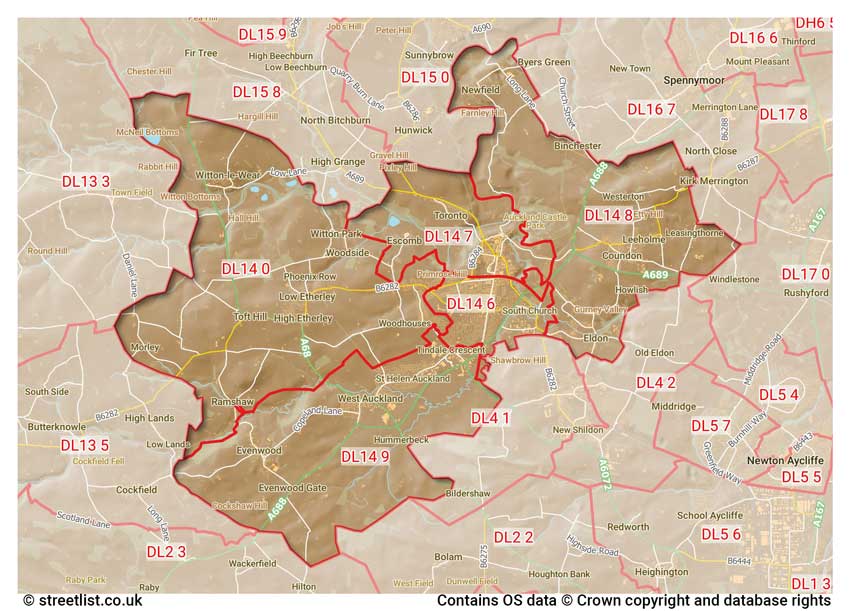 map showing postcode sectors within the DL14 district