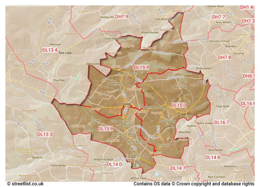 map showing postcode sectors within the DL15 district