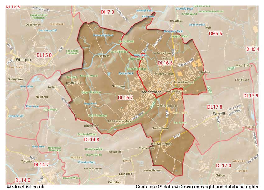 map showing postcode sectors within the DL16 district