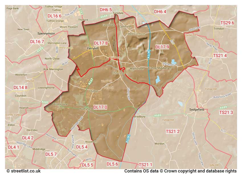 map showing postcode sectors within the DL17 district