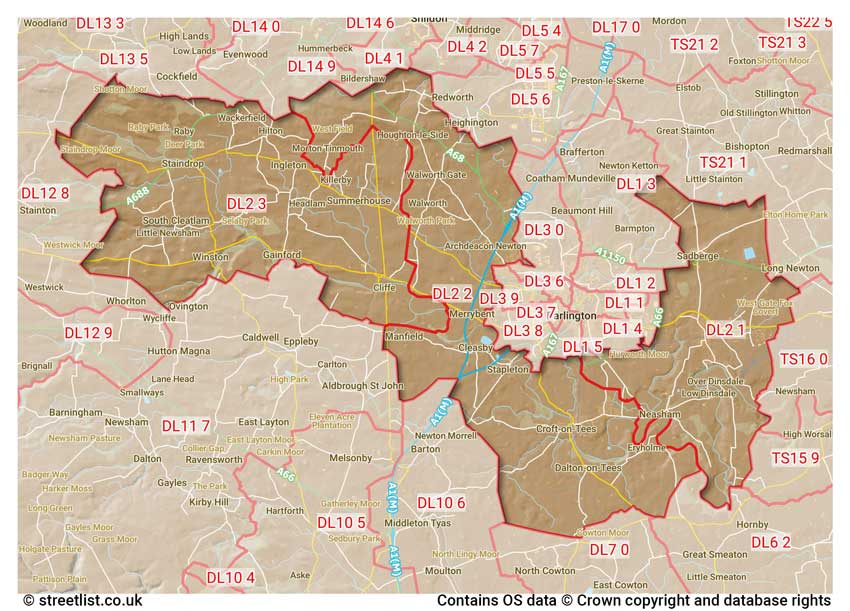 map showing postcode sectors within the DL2 district