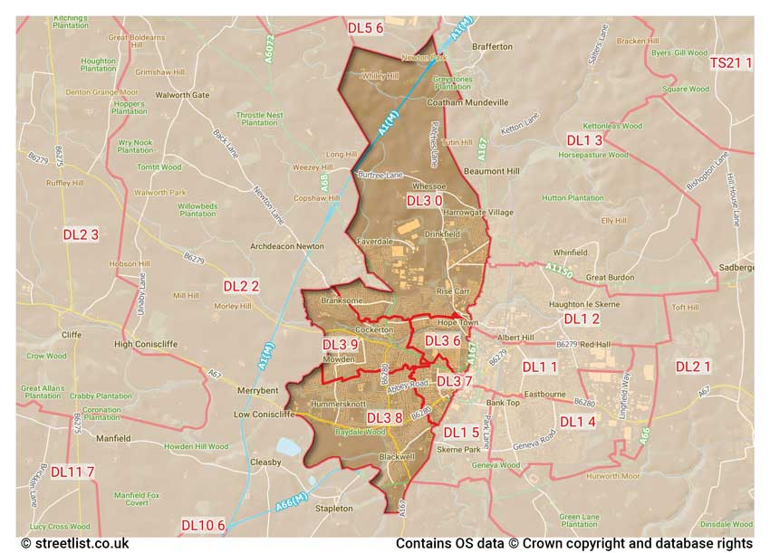 map showing postcode sectors within the DL3 district