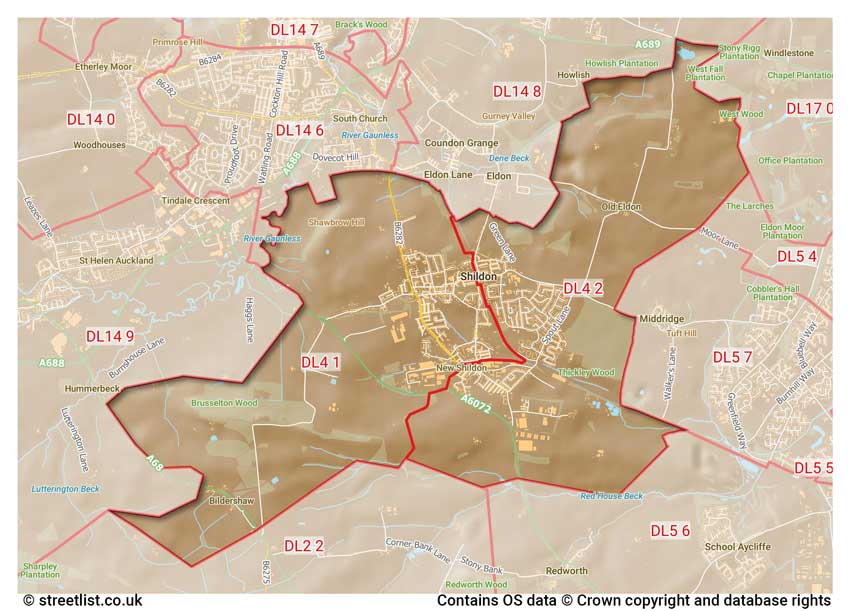 map showing postcode sectors within the DL4 district