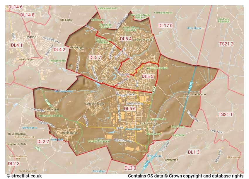 map showing postcode sectors within the DL5 district