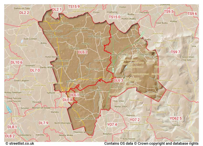 map showing postcode sectors within the DL6 district