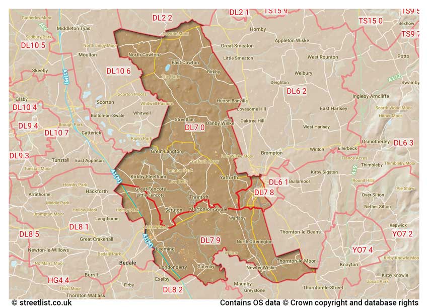 map showing postcode sectors within the DL7 district