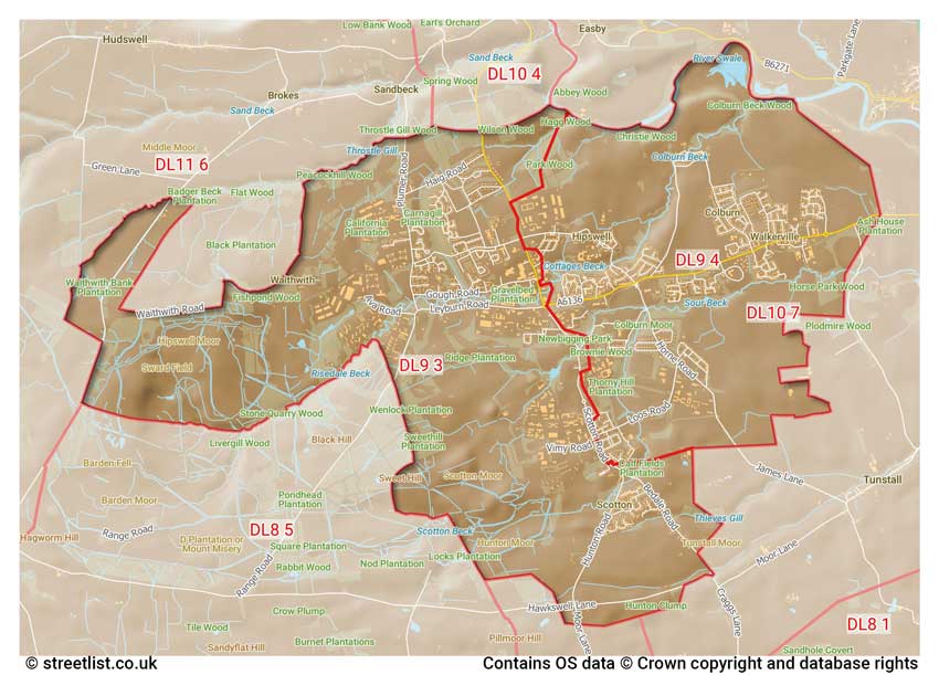 map showing postcode sectors within the DL9 district