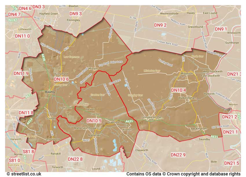 map showing postcode sectors within the DN10 district