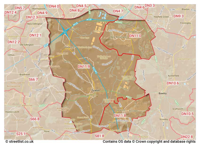 map showing postcode sectors within the DN11 district