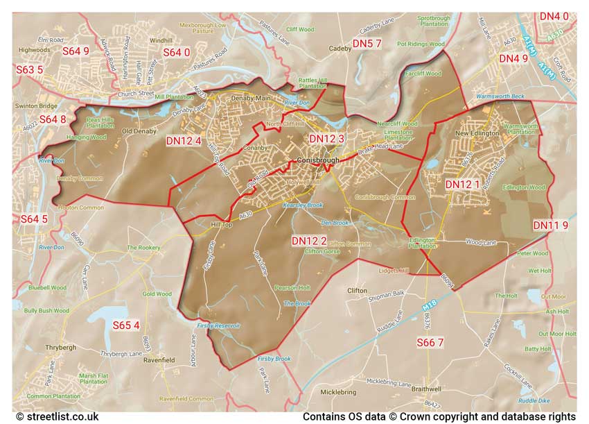 map showing postcode sectors within the DN12 district